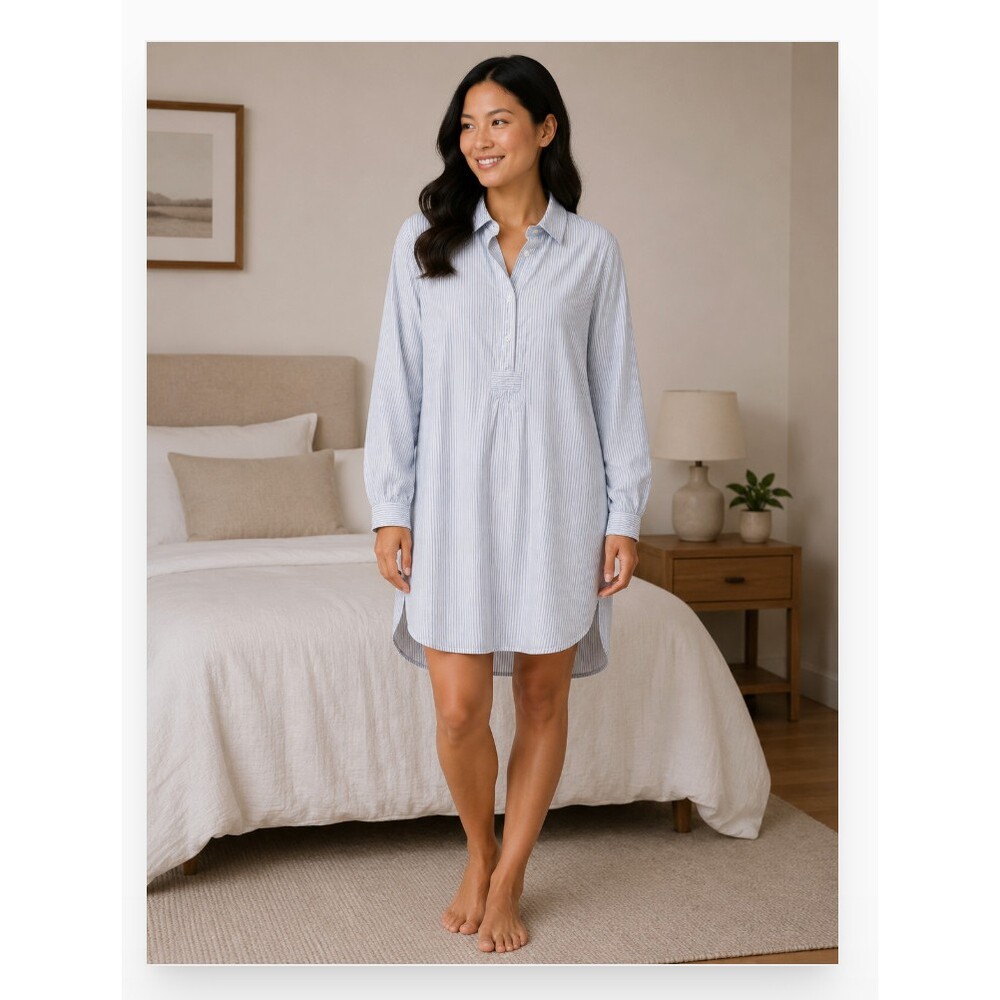 The Sleep Shirt Sleepshirt Womens Blue Stripe Collared Long Sleeve Chemise
